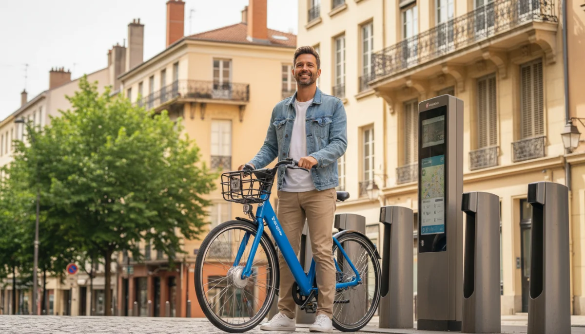 Homme souriant avec vélo de ville moderne près d'une borne de location à Lyon.