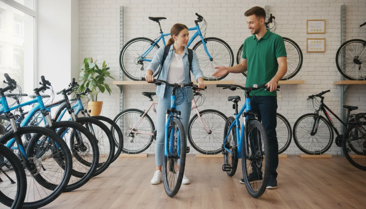 Location de vélo Aix les Bains : client choisissant son vélo dans un magasin lumineux