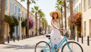 Femme souriante avec vélo de location, rue ensoleillée du Grau du Roi.