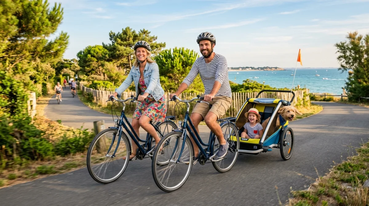 Famille heureuse en location vélo sur l'Île de Ré avec remorque pour enfant et chien.