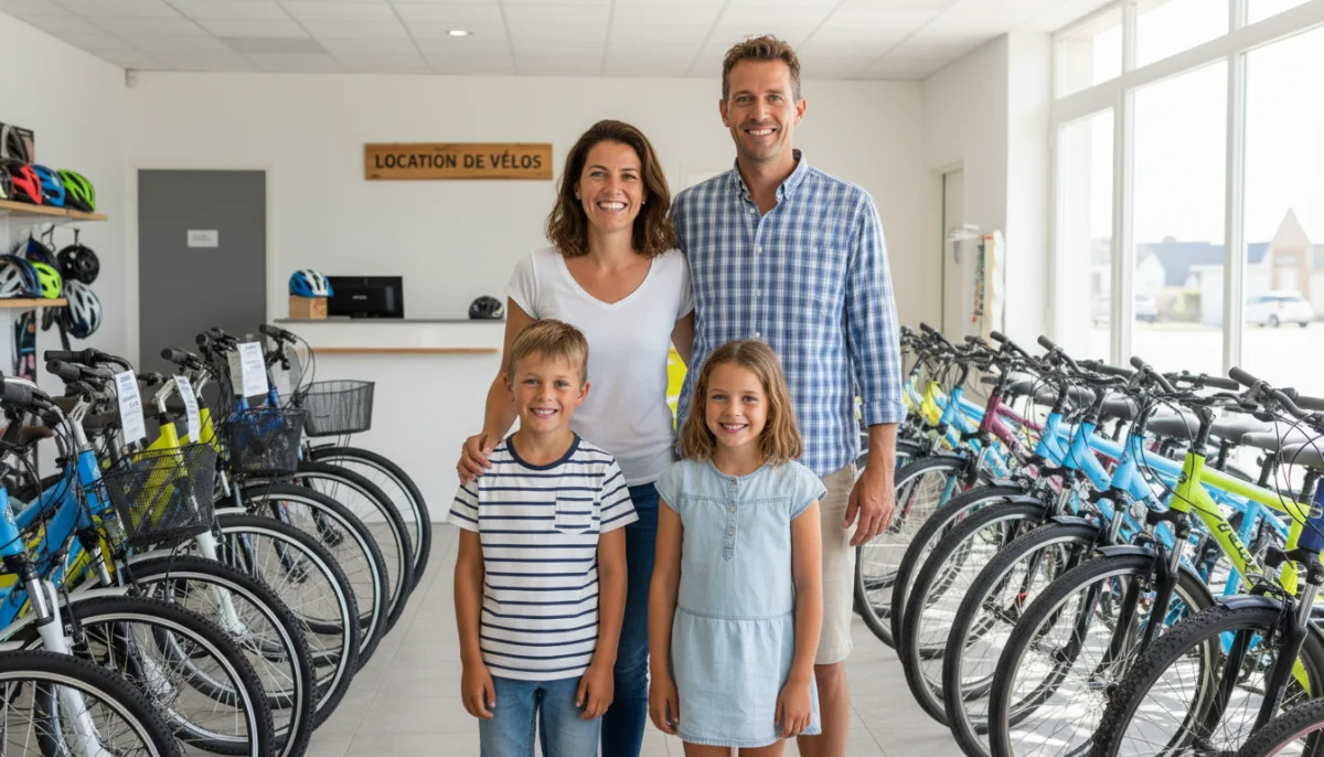 Famille heureuse choisissant des vélos pour une location à Oléron, île ensoleillée.
