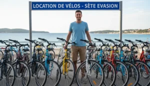 Location vélo Sète : personne souriante choisissant son vélo, littoral en arrière-plan.