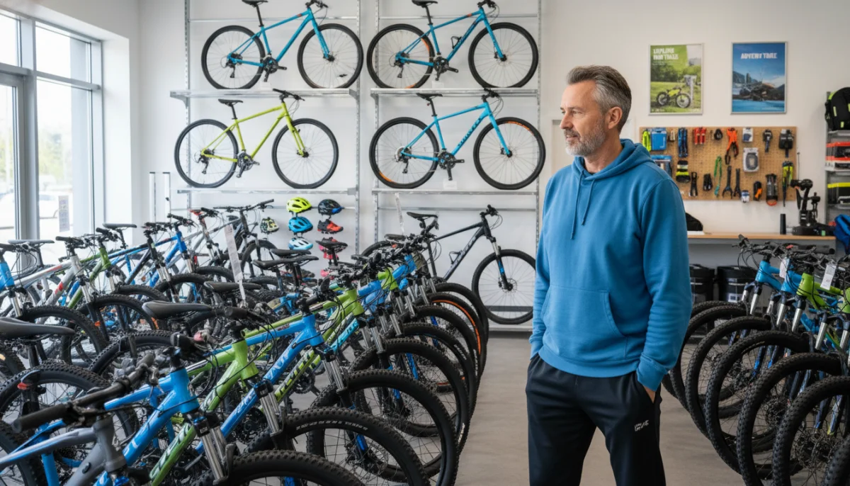 Client explorant des VTT dans un magasin de vélo moderne à Annecy.