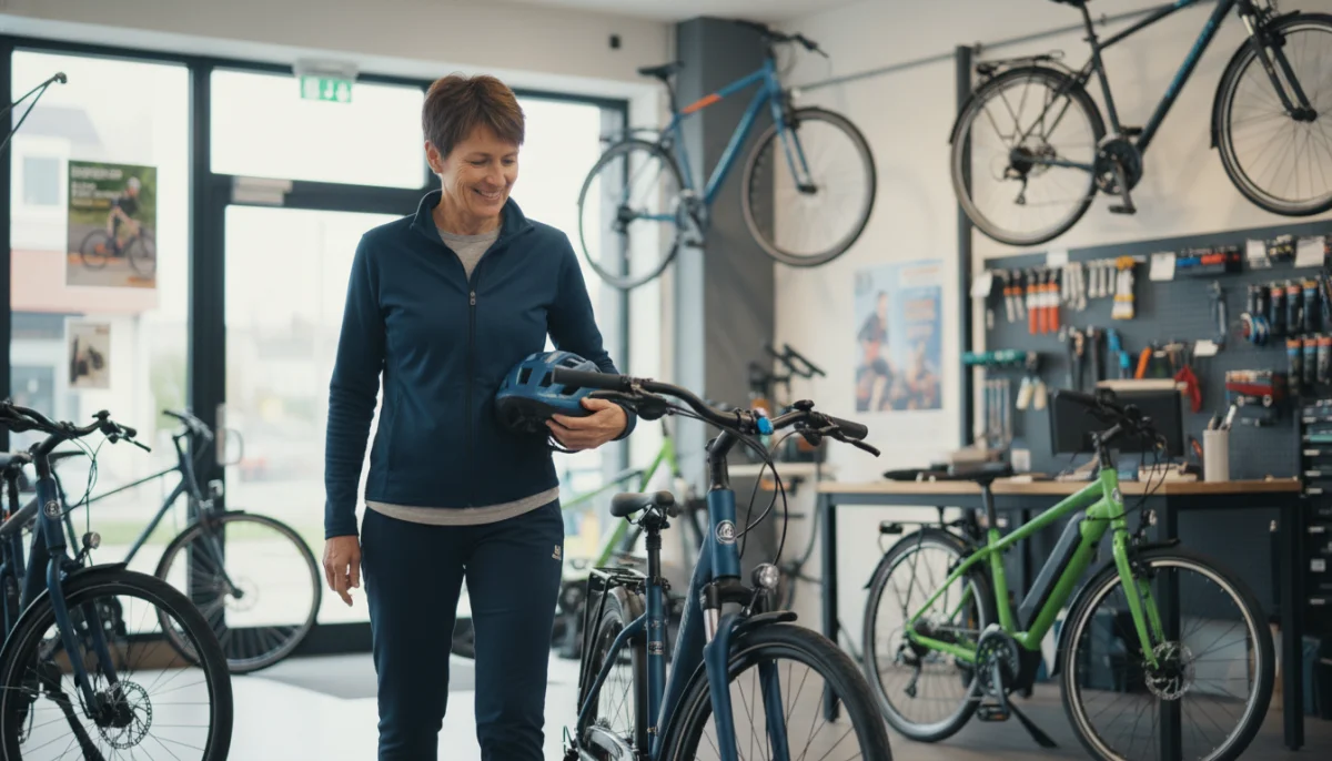 Client dans un magasin de vélo à Grenoble examine un VAE moderne