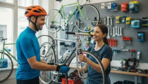 Cycliste satisfait récupérant son vélo réparé dans un atelier à Strasbourg.