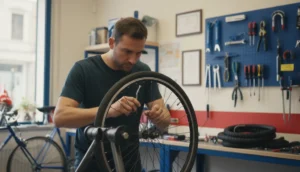 Mécanicien professionnel réparant un vélo dans un atelier de Toulouse, avis clients positifs