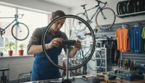Mécanicien Decathlon réparant une roue de vélo dans un atelier professionnel.