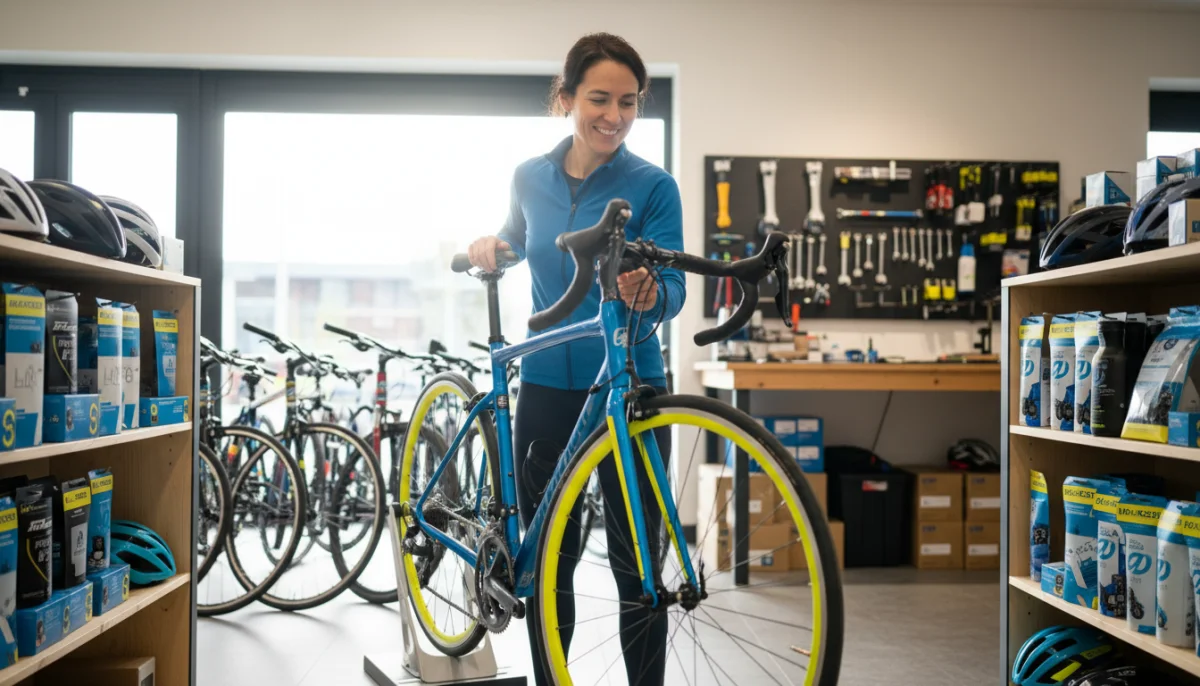 Femme souriante choisissant un vélo de route dans un magasin de vélo moderne à Dijon.