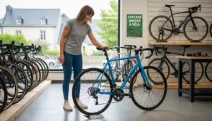 Femme choisissant un vélo de route dans un magasin de vélos à Angers.