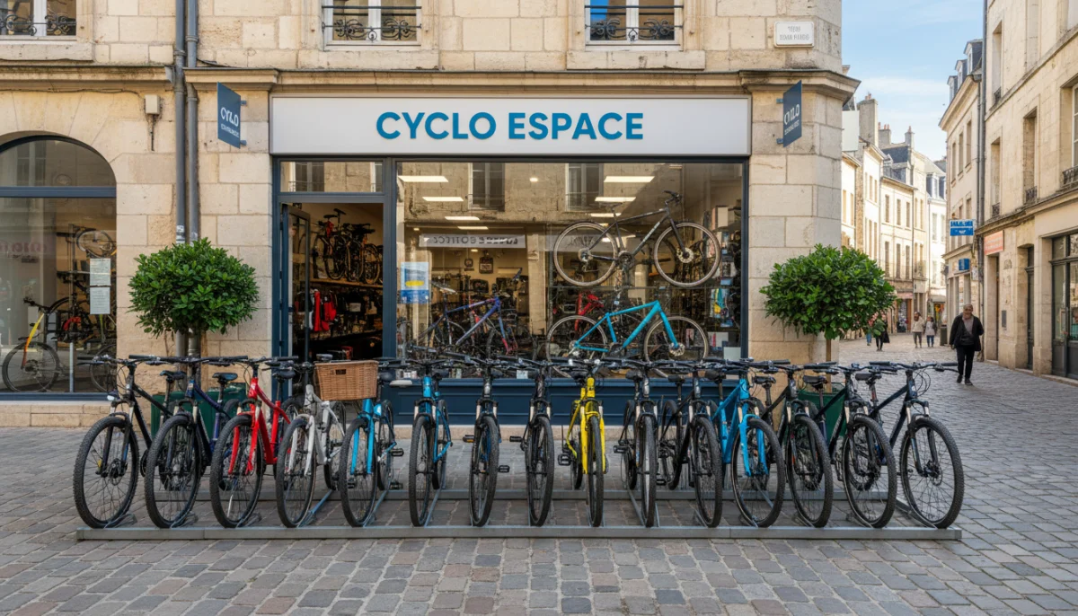 Façade d'un magasin de vélos à Caen, vélos variés exposés sur une rue pavée ensoleillée.