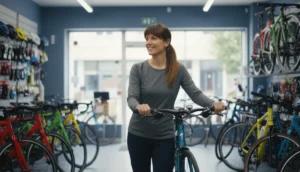 Femme souriante choisissant un vélo de course dans un magasin de vélo à Nancy.