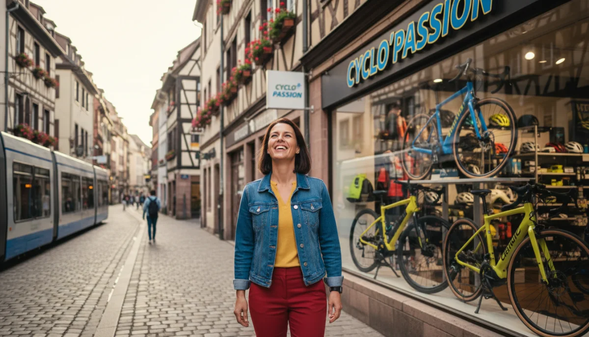 Femme souriante devant une vitrine de magasin de vélos à Strasbourg.