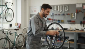 Mécanicien souriant réparant un vélo dans un atelier lumineux à Nantes.