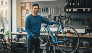 Cycliste heureux dans un atelier de réparateur vélo à Rennes, ambiance lumineuse et professionnelle.