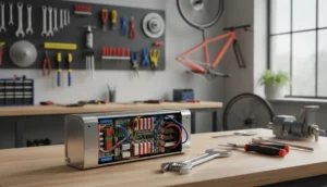 Batterie de vélo électrique ouverte en réparation dans un atelier professionnel, outils à proximité.