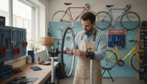 Mécanicien professionnel réparant un vélo dans un atelier à La Rochelle.