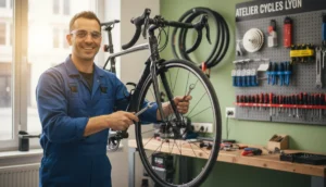 Mécanicien souriant réparant un vélo de route moderne dans un atelier lumineux à Lyon.