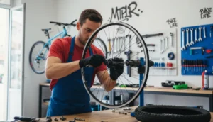 Mécanicien réparant une roue de vélo dans un atelier lumineux à Montpellier