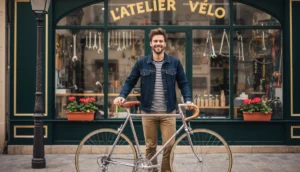Cycliste satisfait devant atelier de réparation vélo à Paris, vélo fraîchement révisé