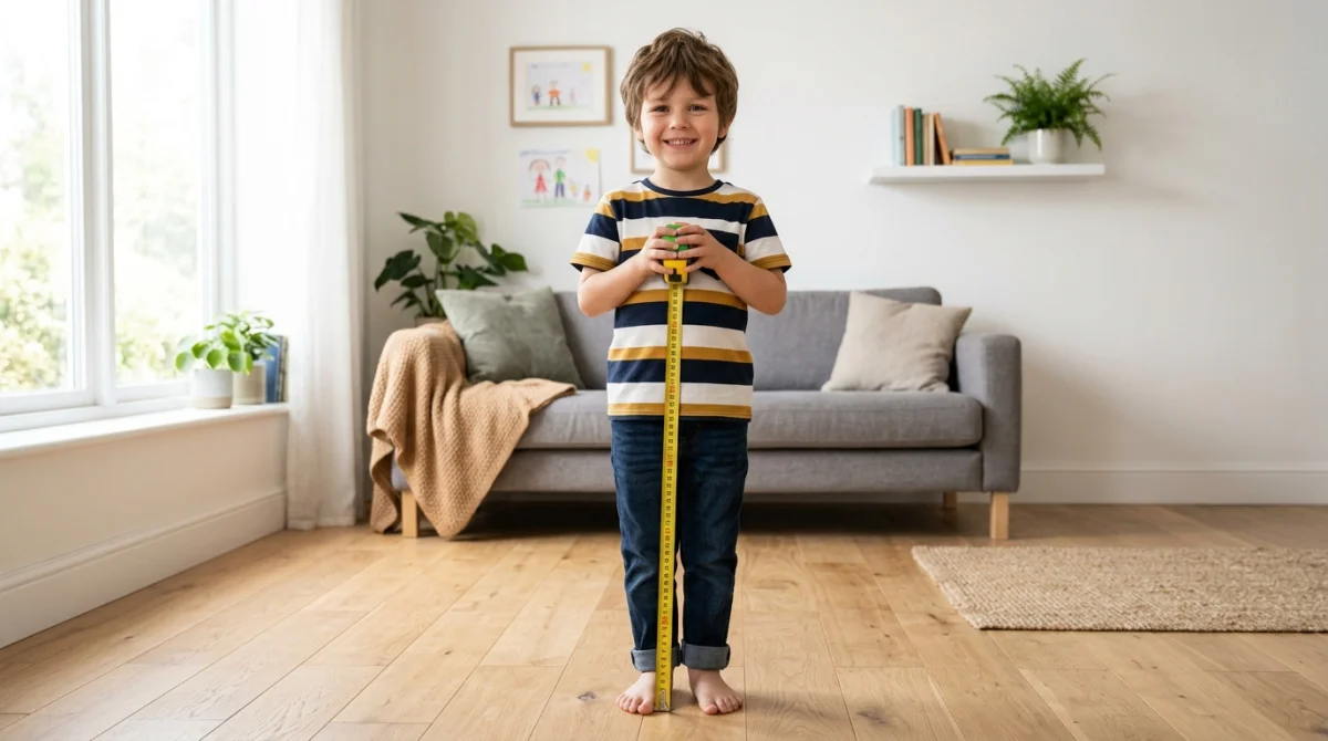 Enfant souriant mesurant ses jambes avec un mètre ruban pour déterminer la bonne taille de vélo.