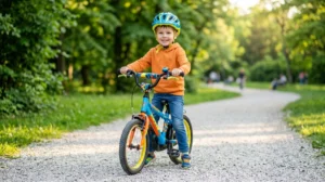 Enfant souriant testant la hauteur de selle de son vélo pour choisir la bonne taille en extérieur.