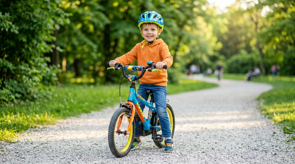 Enfant souriant testant la hauteur de selle de son vélo pour choisir la bonne taille en extérieur.