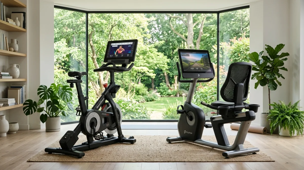 Comparatif d'un vélo d'appartement droit et semi-allongé dans un salon lumineux pour bien choisir son équipement sportif.