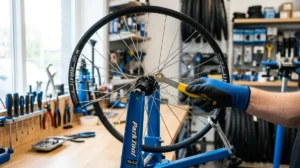 Main gantée utilisant une clé à rayons sur une roue de vélo pour expliquer comment dévoiler roue vélo.