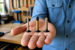 Mains présentant trois types de valves de vélo pour apprendre comment gonfler un pneu de vélo facilement.