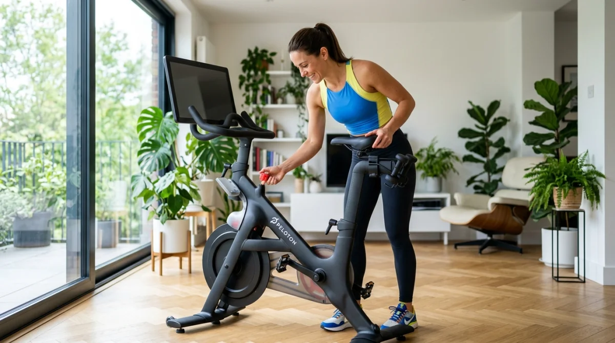 Personne souriante ajustant la selle d'un vélo d'appartement moderne dans un salon lumineux pour bien choisir son équipement.