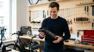 Cycliste urbain souriant manipulant la batterie amovible d'un vélo électrique dans un atelier moderne et lumineux.