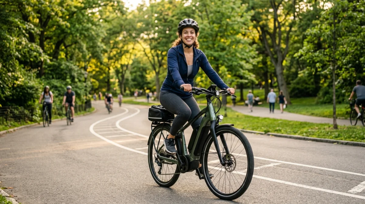 Personne souriante testant un vélo électrique moderne sur une piste cyclable pour apprendre comment choisir son vélo électrique.
