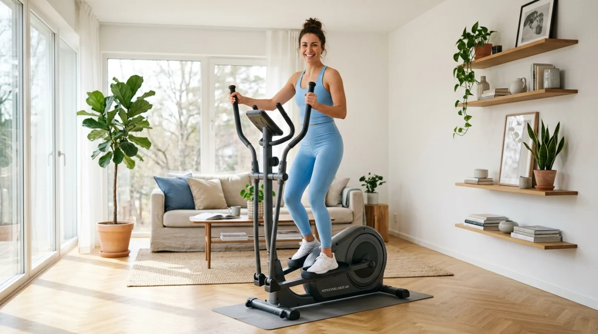Personne souriante utilisant un vélo elliptique moderne et compact dans un salon lumineux pour bien choisir son équipement.