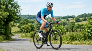 Cycliste concentré ajustant sa position sur un vélo de route pour progresser en vélo en pleine campagne.