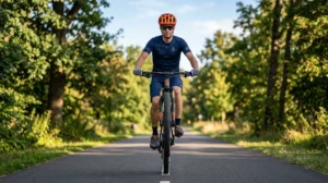 Cycliste en équilibre sur la roue arrière de son vélo lors d'une démonstration sur une piste cyclable ensoleillée.
