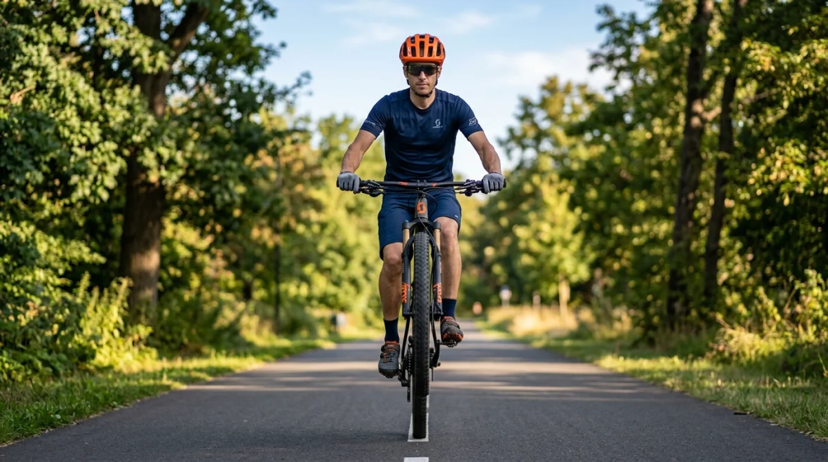 Cycliste en équilibre sur la roue arrière de son vélo lors d'une démonstration sur une piste cyclable ensoleillée.