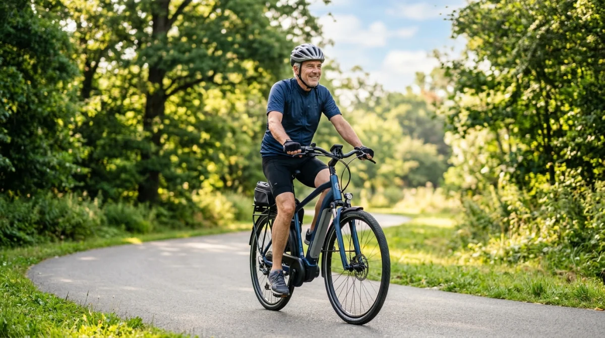 Cycliste mature adoptant une posture droite et ergonomique sur un vélo tout chemin dans un parc verdoyant.