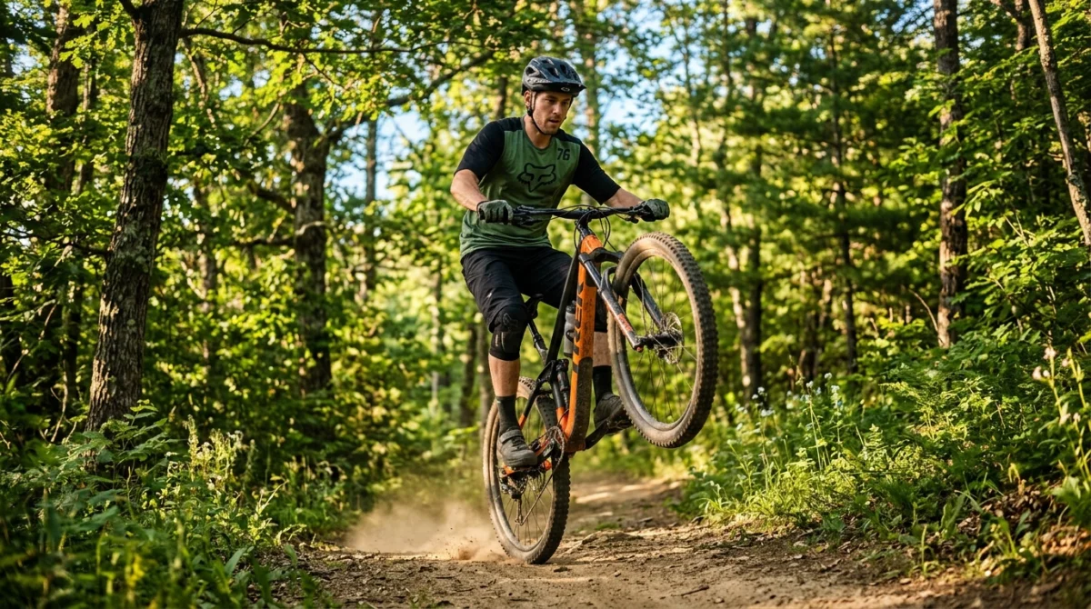 Cycliste en équilibre réalisant une roue arrière sur un sentier forestier pour apprendre comment faire une roue arrière en vélo.