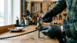 Mains utilisant un dérive-chaîne sur un maillon pour expliquer comment démonter une chaîne de vélo en atelier.