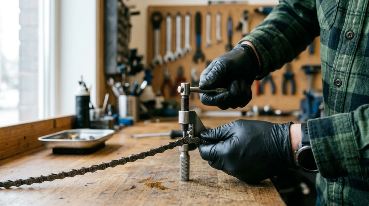 Mains utilisant un dérive-chaîne sur un maillon pour expliquer comment démonter une chaîne de vélo en atelier.