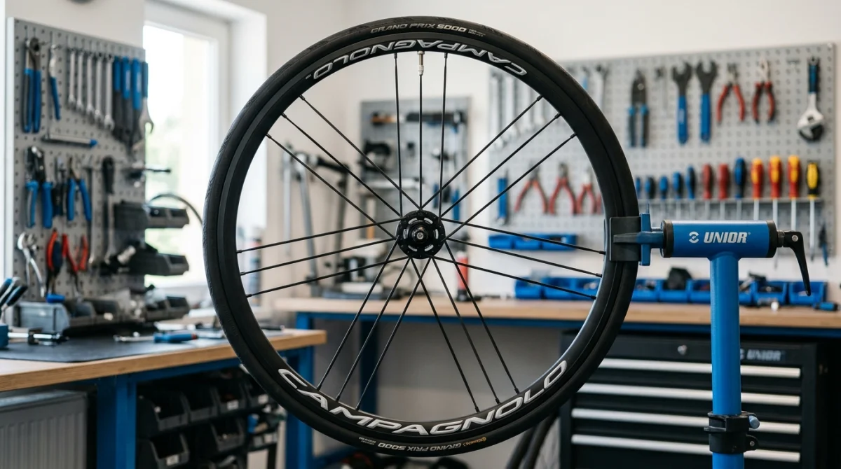 Roue de vélo de course fixée sur un pied d'atelier pour apprendre comment dévoiler une roue de vélo.