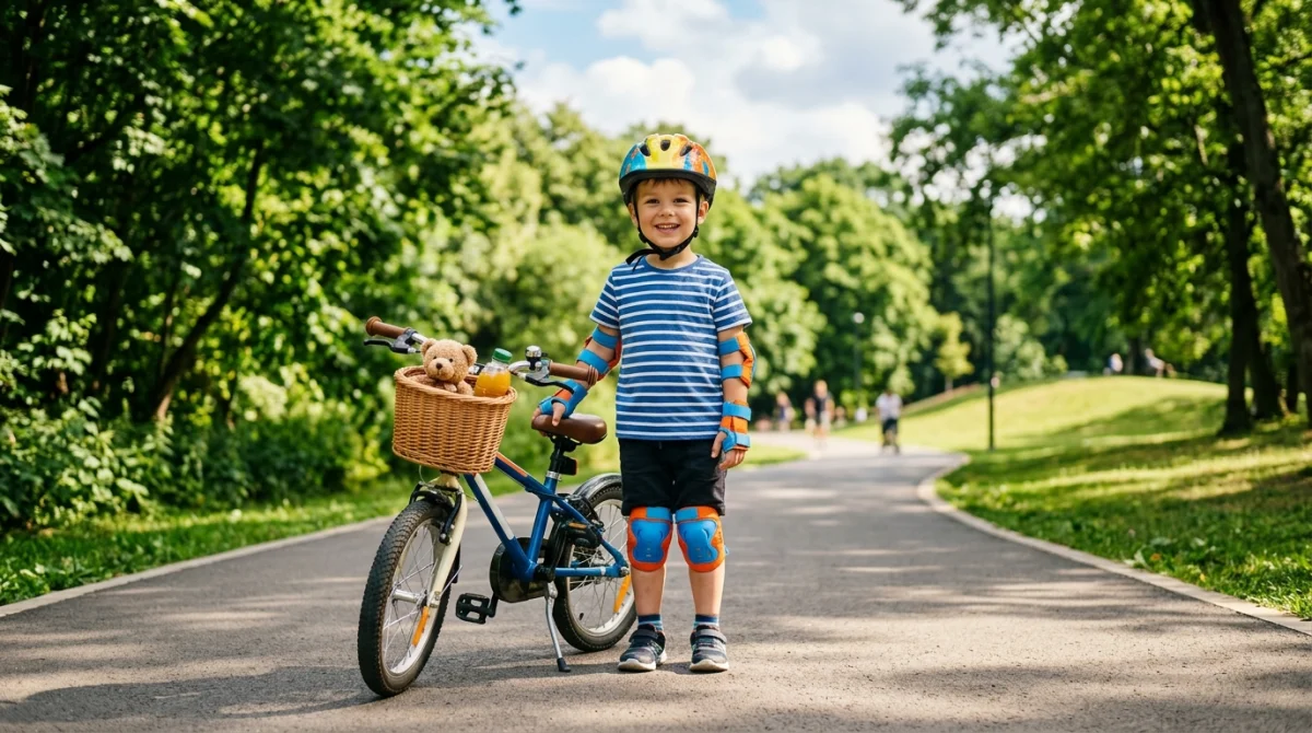 Jeune enfant souriant équipé de protections et d'un casque, prêt à apprendre à faire du vélo au parc.