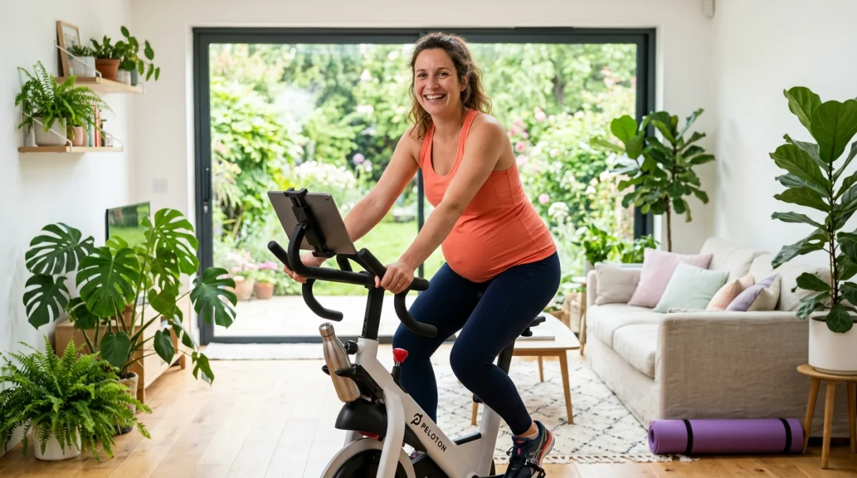 Femme enceinte souriante pratiquant du vélo d'appartement dans un salon lumineux pour rester active pendant sa grossesse.