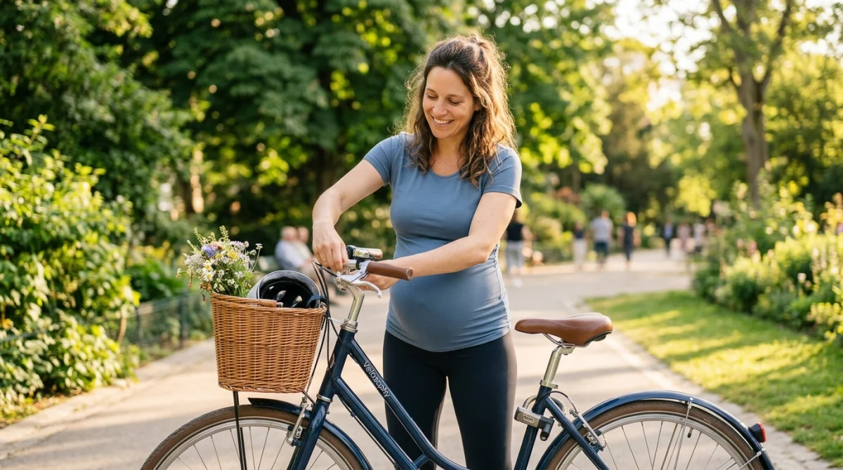 Femme enceinte souriante ajustant son vélo de ville dans un parc verdoyant pour une pratique sportive sécurisée.