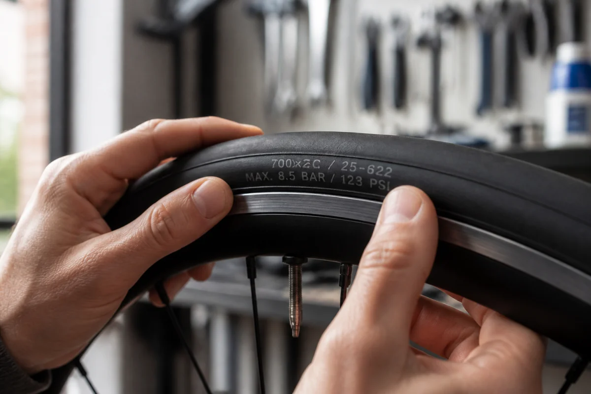 Gros plan sur les mains d'un cycliste lisant la pression recommandée sur le flanc d'un pneu de vélo.