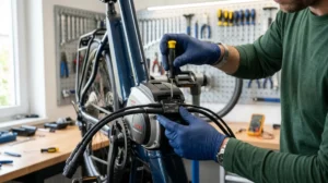 Technicien installant un module électronique sur le moteur pour expliquer comment débrider un vélo électrique avec précision.