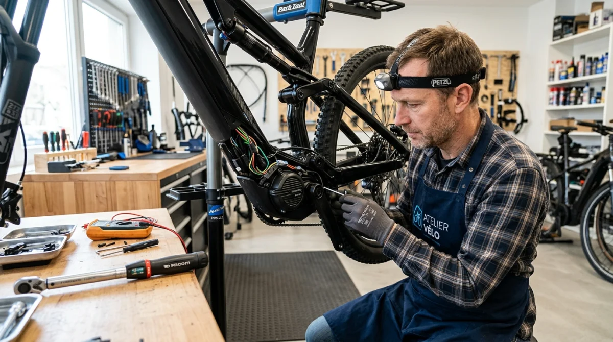 Mécanicien spécialisé examinant le moteur d'un vélo électrique dans un atelier pour expliquer comment débrider un vélo électrique.