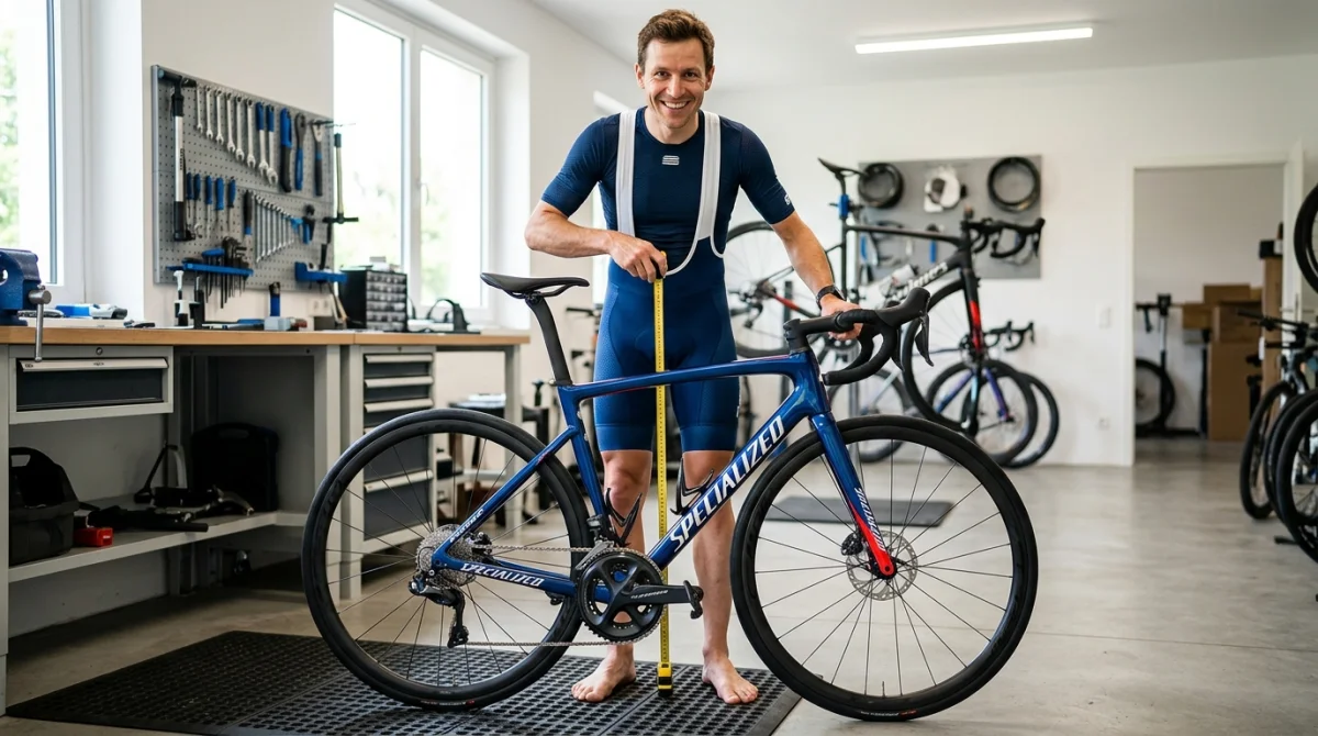 Cycliste mesurant son entrejambe avec un mètre ruban pour déterminer la taille idéale de son vélo de route.