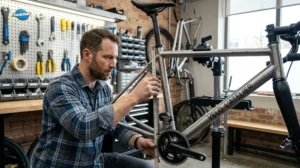 Mécanicien utilisant un mètre ruban pour mesurer le tube de selle afin de déterminer la taille d'un vélo.
