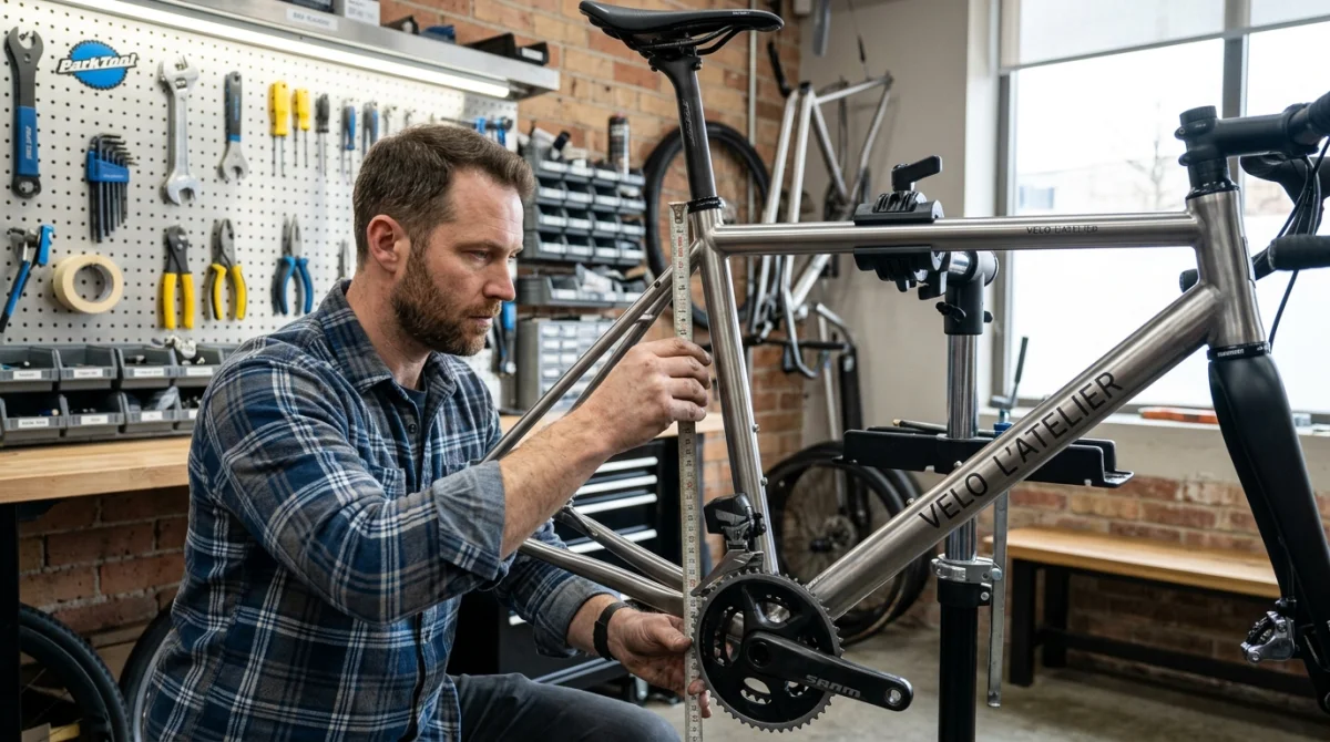 Mécanicien utilisant un mètre ruban pour mesurer le tube de selle afin de déterminer la taille d'un vélo.